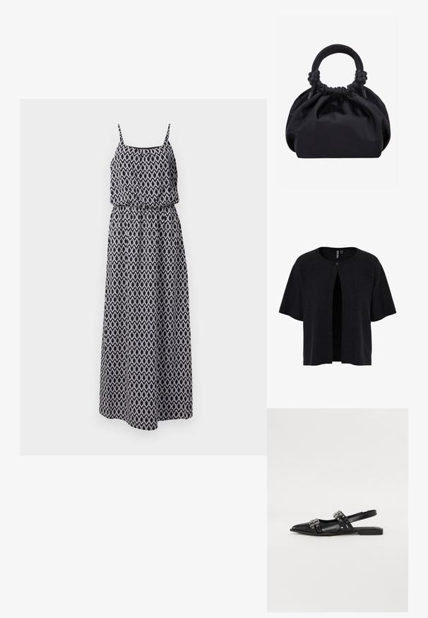 Cardigan noir à manches courtes, ouvert à l'avant, avec une fermeture à bouton. Fabriqué en matériau texturé avec une coupe ample. Design simple et minimal.; Robe maxi avec un motif géométrique noir et blanc, sans manches, taille smockée et bretelles ajustables. Tissu léger pour le confort.; Even&Odd by Zalando Ballerines à brides arrière - black; Sac à main en tissu noir doux avec haut froncé et poignées circulaires rembourrées nouées de chaque côté.