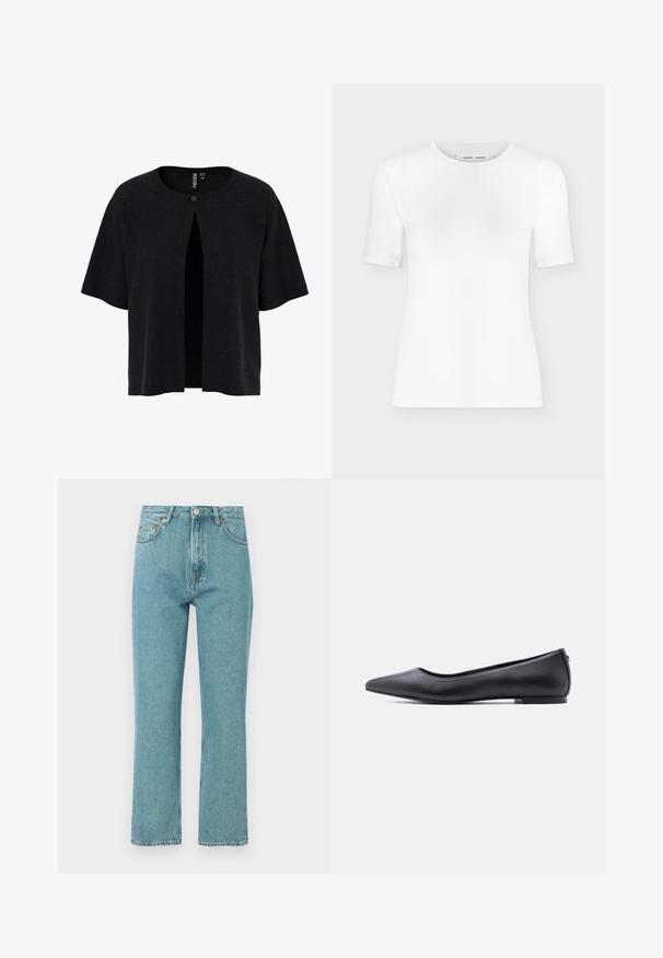 Zwarte cardigan met korte mouwen, open voorkant en een knoopsluiting. Gemaakt van gestructureerd materiaal met een losse pasvorm. Eenvoudig, minimalistisch ontwerp.; Wit T-shirt met korte mouwen en een ronde hals, een slanke pasvorm en geribbelde stof, weergegeven op een effen lichtgrijze achtergrond.; Lichtblauwe, high-waisted jeans met een rechte pijpdesign. Gemaakt van denim, met voorzakken en een knoopsluiting.; Zwarte platte leren schoen met puntige neus en lage hak, zijaanzicht tegen een witte achtergrond.