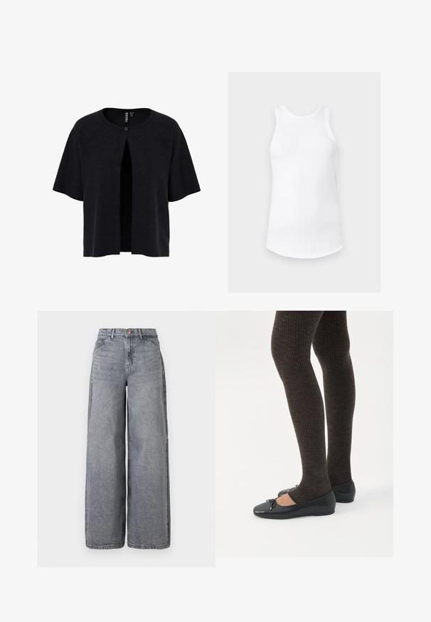 Čierny kardigán s krátkymi rukávmi, otvoreným predným dielom a gombíkovým zapínaním. Vyrobený z textúrovaného materiálu s voľnejším strihom. Jednoduchý, minimalistický dizajn.; Biele bezrukávové rebrované tielko s okrúhlym výstrihom a zaobleným lemom, zobrazené na jednoduchom svetlosivom pozadí.; Džíny s širokými nohavicami v bledom šedivom odtieni, s piatimi vreckami, zapínaním na gombík a jemnou textúrou so subtílnymi detaily v podobe zmiešaných tónov.; Nohy v tmavých pásikavých legínach v kombinácii s čiernymi balerínkami s malými mašličkami na bielom pozadí.