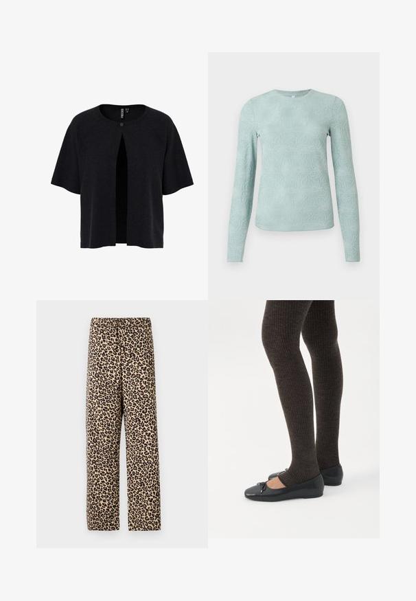 Sort cardigan med korte ærmer, åben front og knaplukning. Fremstillet af struktureret materiale med en løs pasform. Simpelt, minimalistisk design.; Lyseblå langærmet skjorte med struktureret blomsterdesign, rund halsudskæring og figursyet snit. Fremstillet af blødt, elastisk stof.; Leopardmønstrede bukser med elastisk talje, letvægtsstof, lige ben design og en tan baggrund med mørkebrune pletter.; Ben iført mørke ribbede leggings kombineret med sorte balletsko med små sløjfedetaljer på hvid baggrund.