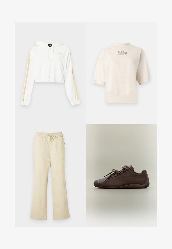 Sweat à capuche court blanc avec fermeture éclair, rayures beige sur les manches, poignets et ourlet élastiques, et petit logo New Balance sur la poitrine.; T-shirt beige New Balance Athletics à manches courtes avec logo et texte bordeaux centrés sur la poitrine, fond uni.; Pantalon beige à jambes larges avec taille élastique et cordon de serrage, doté de deux poches plaquées avant et de jambes à coupe droite.; Baskets Puma marron foncé avec lacets, semelle basse et logo discret sur le côté, vues de profil gauche sur fond clair.