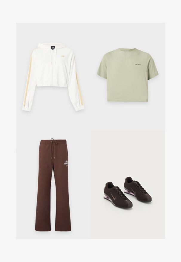 Sweat à capuche court blanc avec fermeture éclair, rayures beige sur les manches, poignets et ourlet élastiques, et petit logo New Balance sur la poitrine.; T-shirt Columbia vert clair à manches courtes avec un col rond et un petit logo sur le côté gauche de la poitrine, sur un fond blanc uni.; Pantalon de jogging marron en tissu doux, avec une taille à cordon, des jambes larges, et un logo discret imprimé en blanc sur la cuisse gauche.; Baskets de sport noires avec une tige texturée, des accents marron et une semelle à coussin d'air violette. Design à lacets avec une marque bien visible.