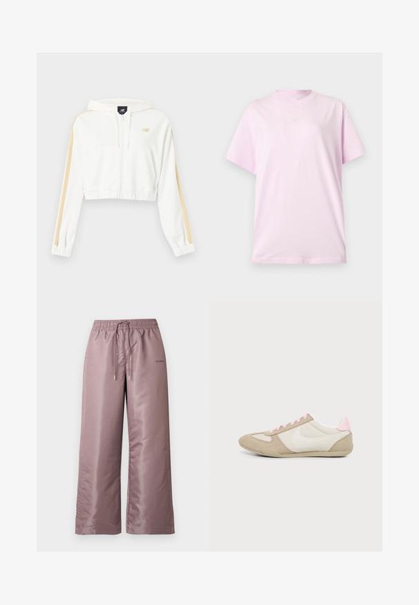 Sweat à capuche court blanc avec fermeture éclair, rayures beige sur les manches, poignets et ourlet élastiques, et petit logo New Balance sur la poitrine.; T-shirt rose clair Nike à manches courtes avec col rond, avec un petit logo Nike blanc centré sur la poitrine, présenté sur un fond uni.; Pantalon ample rose clair en nylon lisse. Doté d'une taille élastique avec cordon de serrage et portant un logo sur le côté.; Baskets profil bas beige et blanc avec des accents et lacets roses, avec un grand logo swoosh blanc sur le côté.