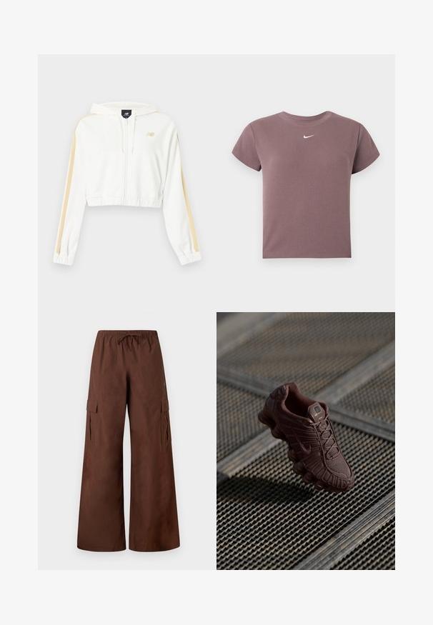 Sweat à capuche court blanc avec fermeture éclair, rayures beige sur les manches, poignets et ourlet élastiques, et petit logo New Balance sur la poitrine.; Top court à manches courtes en ribbed mauve avec un col rond et un petit logo Nike blanc centré sous le col.; Pantalon cargo marron à jambes larges avec une taille élastique, un cordon de serrage, des poches à rabat latérales et des détails à boutons-pression aux ourlets.; Baskets Nike brunes avec une tige en maille texturée, une semelle courbée distinctive et un col rembourré, présentées sur un fond à motifs.