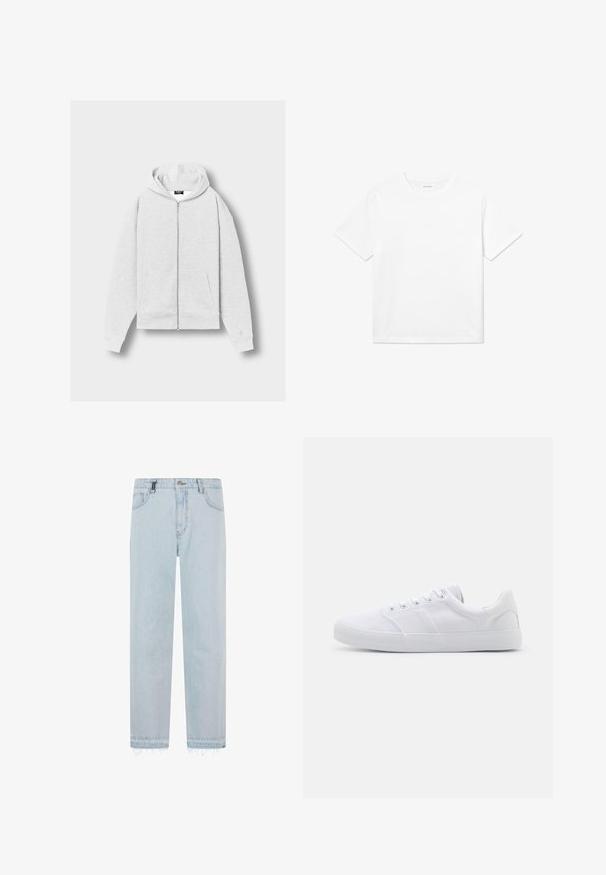 Haut à capuche gris clair zippé avec poches avant, manches longues et capuche attachée, posé à plat sur un fond uni.; T-shirt en coton blanc avec des manches courtes, un col rond et un ourlet droit. Texture lisse sans motifs ni accents visibles.; Jeans en denim bleu clair avec une coupe droite, un ourlet effiloché, un design à cinq poches et un motif de délavage subtil. Dispose d'une fermeture à bouton.; Baskets en toile blanches avec une semelle en caoutchouc, dotées de six œillets, d'un embout texturé et d'un design minimaliste.