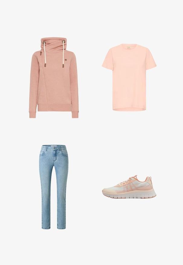 Haut à capuche rose avec un col bénitier, doté d'une fermeture éclair diagonale et de cordons de serrage. Texture lisse avec des accents marron contrastants.; T-shirt en coton rose clair avec des manches courtes, un col rond et un ourlet droit. Design minimaliste, texture douce et sans motifs ni accents visibles.; Jean slim bleu clair avec poches avant, passants de ceinture et fermeture par bouton métallique.; Baskets légères de sport en blanc et rose clair, avec une tige synthétique lisse, des accents texturés et une semelle flexible dotée de rainures profondes.