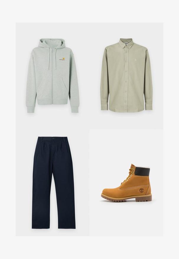 Haut à capuche zippé gris clair avec une poche avant, des poignets côtelés et un petit logo orange sur la poitrine gauche. Fabriqué en tissu doux et texturé.; Chemise à manches longues verte clair avec col classique, ornée d'un logo sur la poitrine, de poignets boutonnés et en tissu coton lisse.; Pantalon bleu marine foncé en coton, doté d'une fermeture à boutons, de plis à l'avant et d'une coupe droite.; Bottine en cuir brun avec œillets en métal, doublure en fourrure blanche, col rembourré noir, semelle robuste et logo en relief sur le côté.