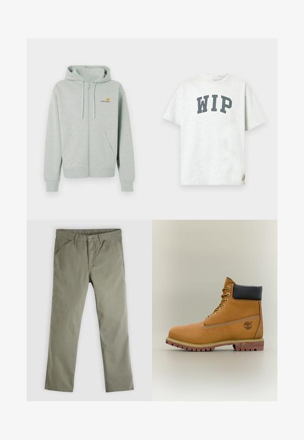 Haut à capuche zippé gris clair avec une poche avant, des poignets côtelés et un petit logo orange sur la poitrine gauche. Fabriqué en tissu doux et texturé.; T-shirt gris clair à manches courtes avec "WIP" en grandes lettres noires sur la poitrine et une petite étiquette logo près de l'ourlet.; Pantalon décontracté pour hommes, coupe droite, couleur vert olive, avec poches avant et arrière, fermeture par bouton et passants pour ceinture.; Bottine en cuir marron avec col noir, lacets jaunes et semelle beige. Présente un logo et des détails de couture blanche. Semelle extérieure à traction robuste.