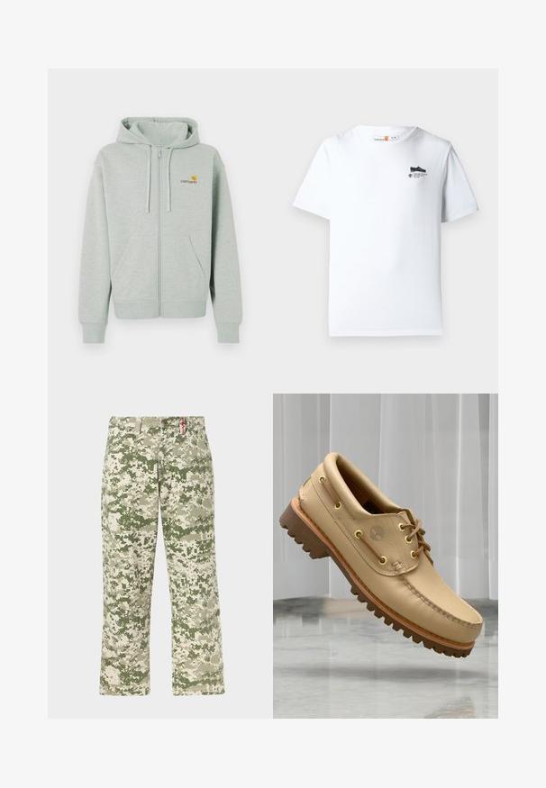 Haut à capuche zippé gris clair avec une poche avant, des poignets côtelés et un petit logo orange sur la poitrine gauche. Fabriqué en tissu doux et texturé.; T-shirt en coton blanc avec un col rond, des manches courtes et un petit motif noir sur la poitrine. Texture douce et coupe standard.; Pantalons droits pour hommes avec motif camouflage pixellisé vert et beige, poches avant, présentés sur un fond clair.; Chaussure bateau en cuir marron clair avec semelle épaisse et striée et détails de lacets, flottant au-dessus d'un sol en marbre et d'un fond de stores verticaux blancs.