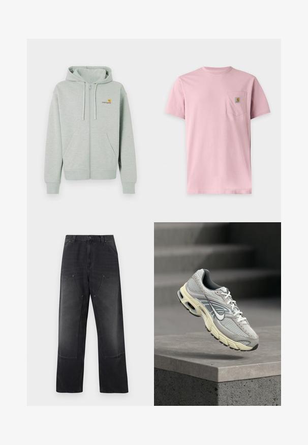 Haut à capuche zippé gris clair avec une poche avant, des poignets côtelés et un petit logo orange sur la poitrine gauche. Fabriqué en tissu doux et texturé.; T-shirt rose uni à manches courtes avec une poche poitrine comportant un petit patch rectangulaire avec le logo Carhartt.; Jean noir à jambe large avec poches plaquées à l'avant, passants pour ceinture, et fermeture par bouton et zip.; Chaussure de course Nike grise et blanche avec semelle rembourrée, en suspension au-dessus d'une marche en béton dans un environnement extérieur.