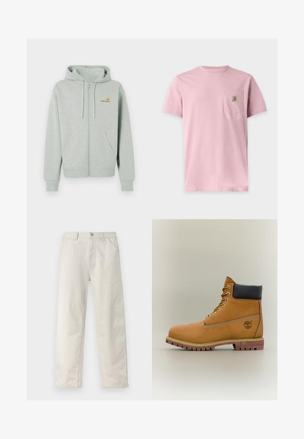 Haut à capuche zippé gris clair avec une poche avant, des poignets côtelés et un petit logo orange sur la poitrine gauche. Fabriqué en tissu doux et texturé.; T-shirt rose uni à manches courtes avec une poche poitrine comportant un petit patch rectangulaire avec le logo Carhartt.; Pantalon beige clair à jambes droites avec fines rayures verticales, fermeture avant par boutons, passants pour ceinture et poches latérales.; Bottine en cuir marron avec col noir, lacets jaunes et semelle beige. Présente un logo et des détails de couture blanche. Semelle extérieure à traction robuste.