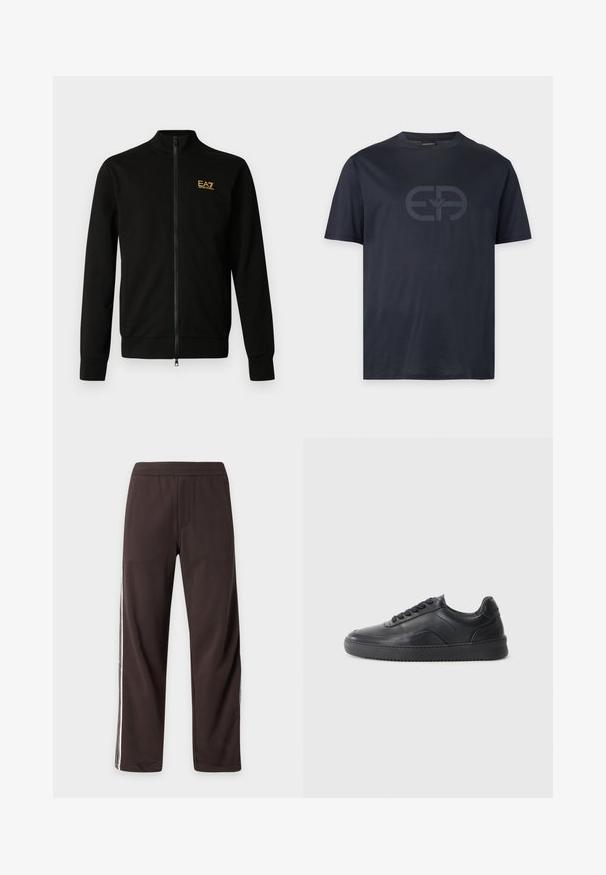 Veste zippée noire en tissu doux. Elle présente un col montant, des manches longues et un petit logo jaune sur le côté supérieur gauche.; T-shirt bleu marine foncé à manches courtes, col rond, avec un grand logo discret imprimé au centre devant.; Pantalon droit marron foncé avec taille élastique et bandes blanches sur les côtés, présenté à plat sur un fond clair.; Chaussure de sport en cuir noir avec une finition lisse, bout arrondi, panneau latéral texturé et lacets noirs. Présente une semelle en caoutchouc plate et un design minimaliste.