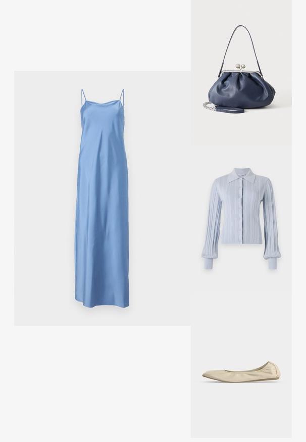 Lichtblauwe cardigan met een geribbelde structuur, knoopsluiting en een kraag. Voorzien van lange mouwen met aansluitende manchetten.; Blauwe satijnen maxi-jurk met dunne spaghettibandjes, met een gladde textuur en een rechte silhoeet, ontworpen voor een vloeiende pasvorm.; Beige zachte leren ballerina met afgeronde neus, laag uitgesneden zijprofiel en slanke rubberen zool op een effen witte achtergrond.; Zachte navyblauwe leren handtas met zilveren sluiting, enkele schouderband en afneembare ketting polsband op witte achtergrond.