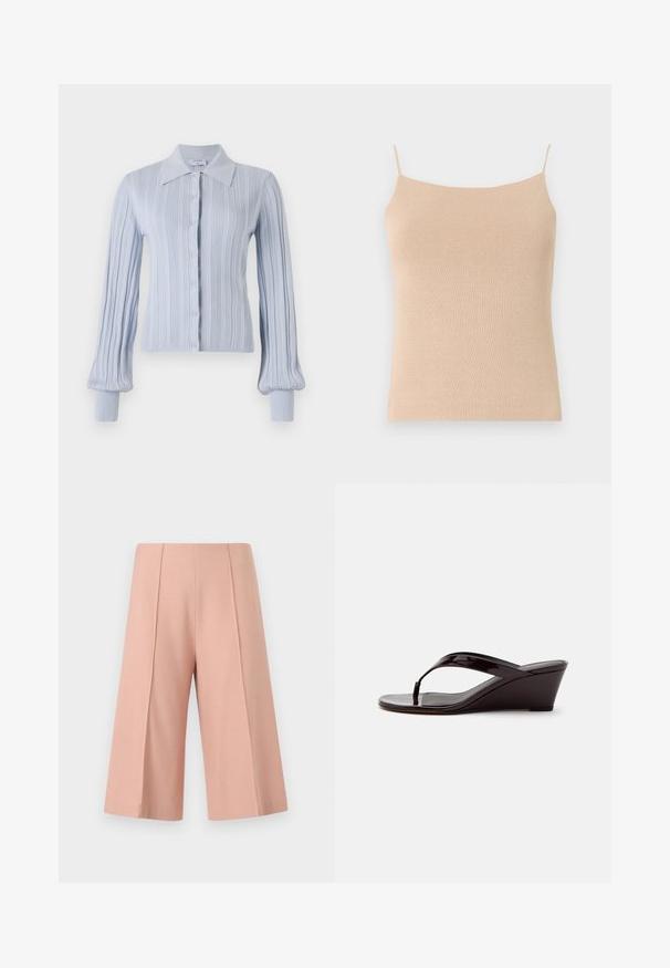 Cardigan bleu clair avec une texture côtelée, fermeture à boutons et col. Comporte des manches longues avec des poignets ajustés.; Camisole en tricot beige avec des bretelles fines, présentant une coupe ajustée et un tissu texturé, idéale pour le superposition ou un usage décontracté.; AERON PEN - Short - mottled pink; Sandale compensée en cuir verni marron avec bride entre les orteils et bout ouvert, vue de profil sur un fond uni.