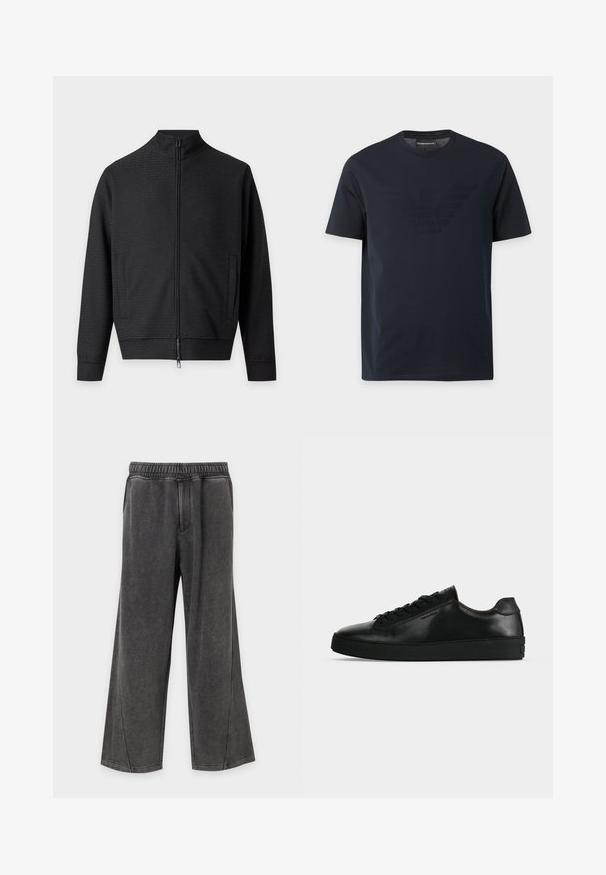 Veste noire zippée, manches longues, deux poches avant et col montant, présentée sur un fond clair uni.; T-shirt noir à manches courtes avec col rond, comportant un logo aigle en relief discret sur la poitrine et une étiquette de marque à l'intérieur du col.; Pantalon gris foncé à jambes larges avec ceinture élastique et deux poches latérales, fabriqué en tissu doux et confortable.; Basket basse en cuir noir avec lacets noirs et semelle épaisse noire, vue de profil sur fond gris clair.