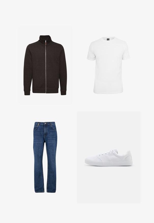 Donkerbruin zip-up sweatshirt met een hoge kraag, twee zijzakken en geribbelde manchetten en onderrand, gemaakt van een zachte, gestructureerde stof.; Witte t-shirt met korte mouwen, gemaakt van katoen, voorzien van een ronde hals en een soepele textuur, ontworpen voor casual gebruik.; Donkerblauwe denim jeans met een rechte pijp, voorzien van voorzakken, riemlussen en een rits met knoopsluiting.; Witte canvas sneakers met een rubberen zool, voorzien van zes oogjes, een gestructureerde neuskap en een minimalistisch ontwerp.