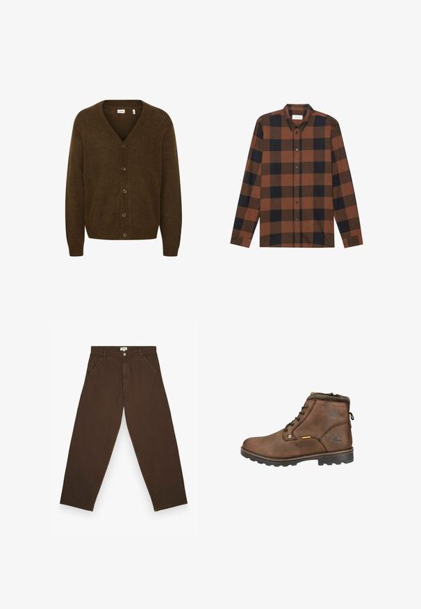 Brun strikket cardigan med V-hals, lange æermer og lukning med fem knapper foran. Struktureret stof med ribbede detaljer.; Brun og sort ternet langærmet skjorte lavet af stof med button-down krave og knaplukning; har manchetter ved ærmerne.; Brune bukser med lige ben, forlommer, bæltestropper, knaplukning og lynlås, lagt fladt på en hvid baggrund.; Brune læder ankelstøvle med afrundet tå, snørebåndsdesign, polstret krave og tekstureret gummisål. Har logo og metal-accenter.