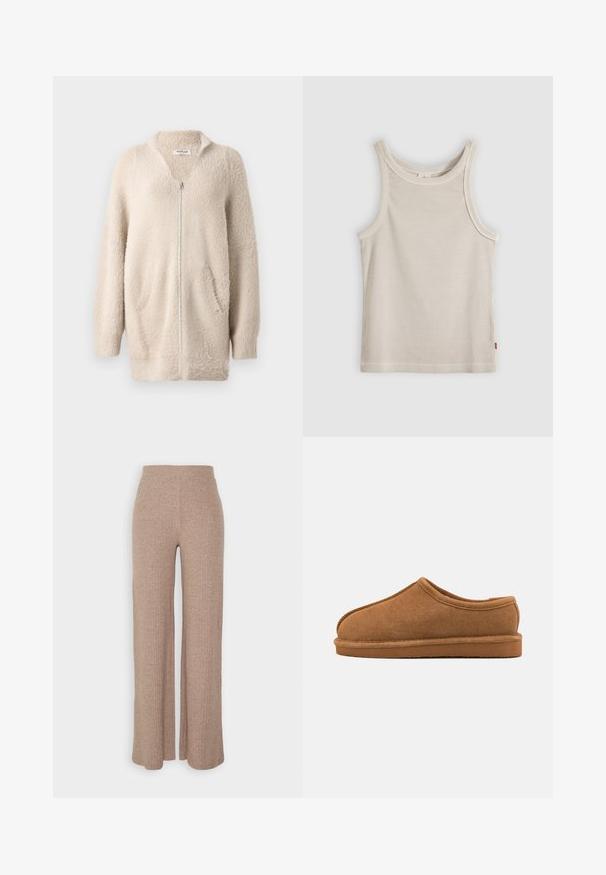 Cardigan beige à fermeture éclair en matériau doux et duveteux. Présente un col en V, deux poches avant et des manches longues. Design simple et texturé.; Débardeur beige côtelé sans manches avec encolure ronde et coupe ajustée, présenté sur un fond gris.; Pantalons larges en beige à côtes avec une taille haute et une texture douce, présentant une coupe loose et sans fermetures visibles.; Chausson en suede marron avec un bout arrondi, un dos bas et une tige texturée. Il présente une couture et une semelle en caoutchouc plate pour un usage intérieur.