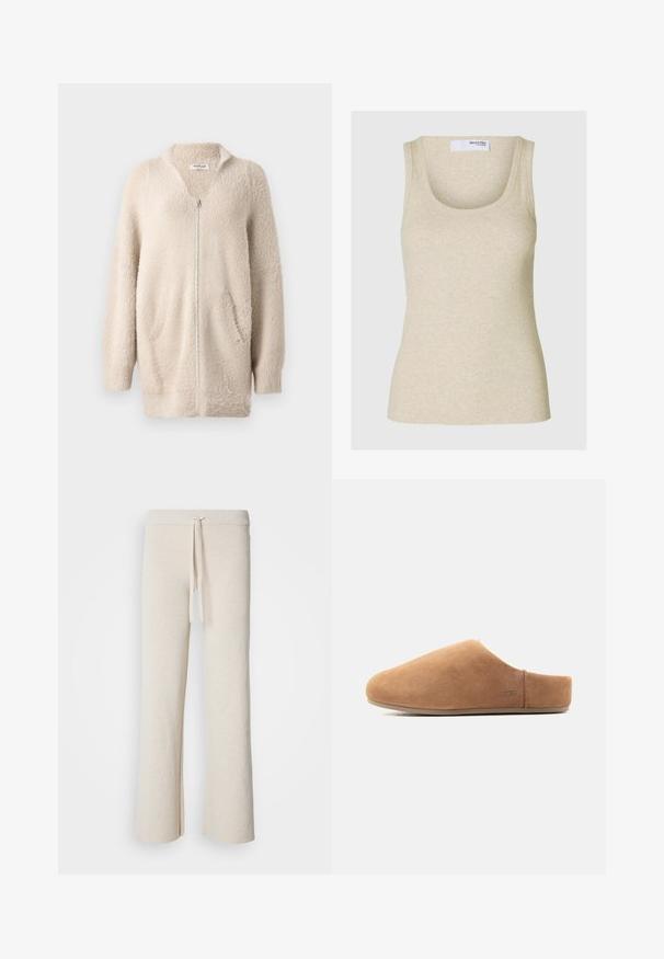 Cardigan beige à fermeture éclair en matériau doux et duveteux. Présente un col en V, deux poches avant et des manches longues. Design simple et texturé.; Débardeur beige à côtes avec un décolleté arrondi et des bretelles larges. Fabriqué en tissu doux, il présente une silhouette ajustée.; Pantalons larges beiges en tissu doux, dotés d'une taille élastique avec cordon de serrage et d fentes sur les côtés à l'ourlet.; Chausson en suède beige à enfiler, avec bout fermé, talon ouvert, semelle plate et petit logo UGG sur le côté, montré de profil.