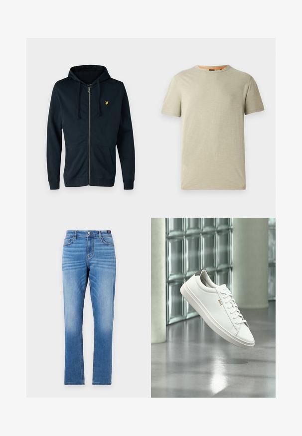 Marineblauwe rits-hoodie van zacht materiaal, met een voorzak, verstelbare trekkoordcapuchon en een klein geel logo op de linkerkant van de borst.; Lichtgroen t-shirt met korte mouwen van gestructureerde stof. Beschikt over een ronde halslijn en een klein verdiept "BOSS" logo op de borst.; Lichtblauwe denim jeans met een rechte pasvorm, vijf zakken, sluiting met een knoop aan de voorkant en subtiele vervaging op de dijen.; Witte leren lage sneaker met veters, zwarte hielstrook en "BOSS"-logo, zwevend binnenshuis bij een glazen stenen muur en gepolijste vloer.