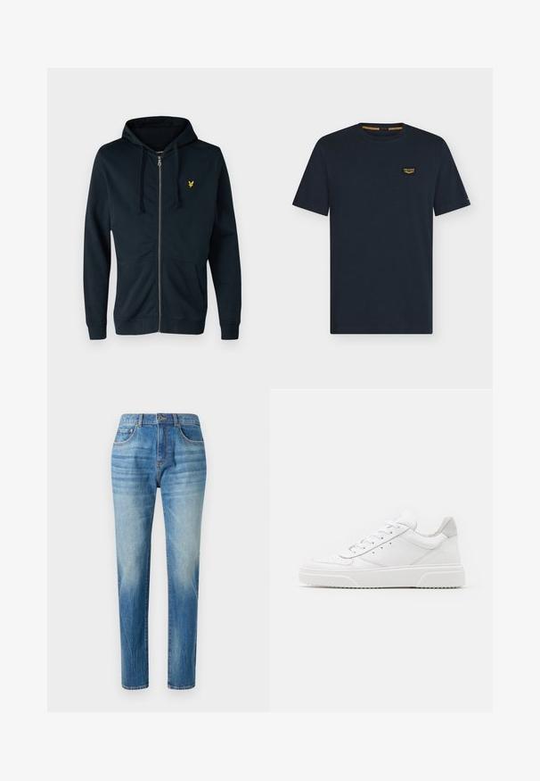 Marineblauwe rits-hoodie van zacht materiaal, met een voorzak, verstelbare trekkoordcapuchon en een klein geel logo op de linkerkant van de borst.; Donkerblauw T-shirt met korte mouwen en ronde hals met een klein rechthoekig logoplaatje op de linkerborst.; Lichtblauwe denim jeans met een rechte pijp, voorzien van een hoge taille, subtiele vervaging en klassieke vijf-pocket stijl. Metalen knoopsluiting.; Witte leren sneakers met een gladde afwerking, ronde neus, platte veters en een gestructureerde zool. Grijze suède accent bij de hiel.