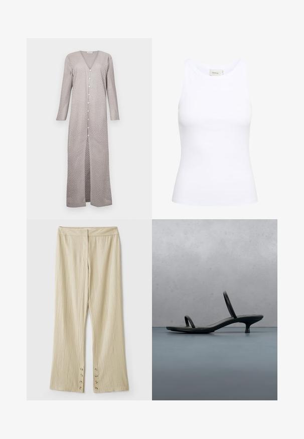 Lys grå lang kjole med V-udskæring, lange ærmer og knaplukning foran. Stoffet har et udskåret prikkemønster, flydende silhuet og sidelæg.; Hvid ribbet tanktop med rund halsudskæring og uden ærmer. Strækbart stof og tætsiddende design. Etiketten bagpå viser "GESTUZ."; Beige bukser med vidde i benene lavet af tekstureret stof, med en glat taljebånd og knappedetaljer ved kanten.; Sort Calvin Klein sandal med hæl og tynde stropper, balancerende på træfliser udendørs nær en væg og grønne planter.