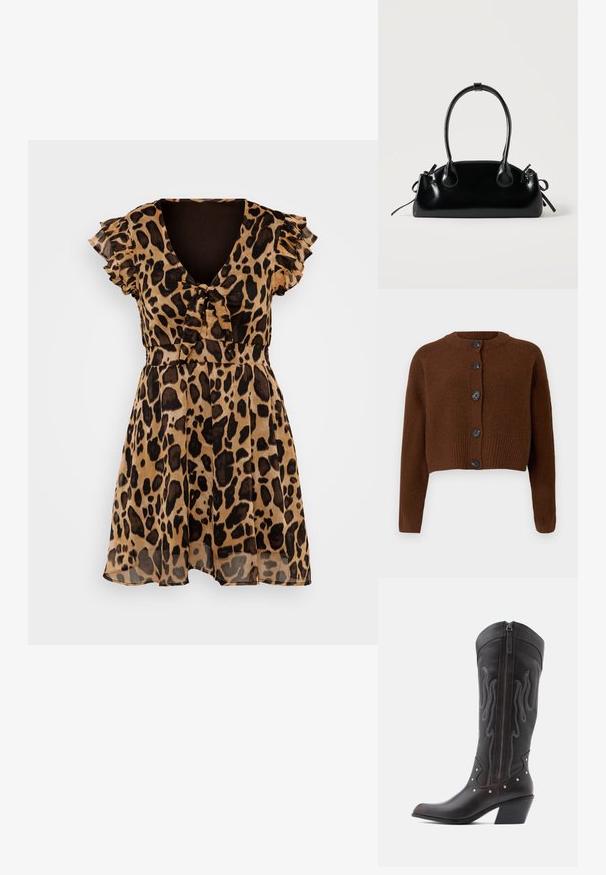 Brun cropped cardigan med ribbet kant, der har seks sorte knapper, en rund halsudskæring og teksturerede ærmer.; Løbeprint kjole i gennemsigtig, letvægtsstof. V-hals, flæser på de korte ærmer, tætsiddende talje og flydende nederdel. Brun og sort farver.; Brune læder cowboystøvler med flammebroderi, sidelukning med lynlås, sølvnitter, spids snude og lagdelt hæl.; Lille sort blank håndtaske med to lange håndtag og snøre-detaljer i siden på en ensfarvet lys baggrund.