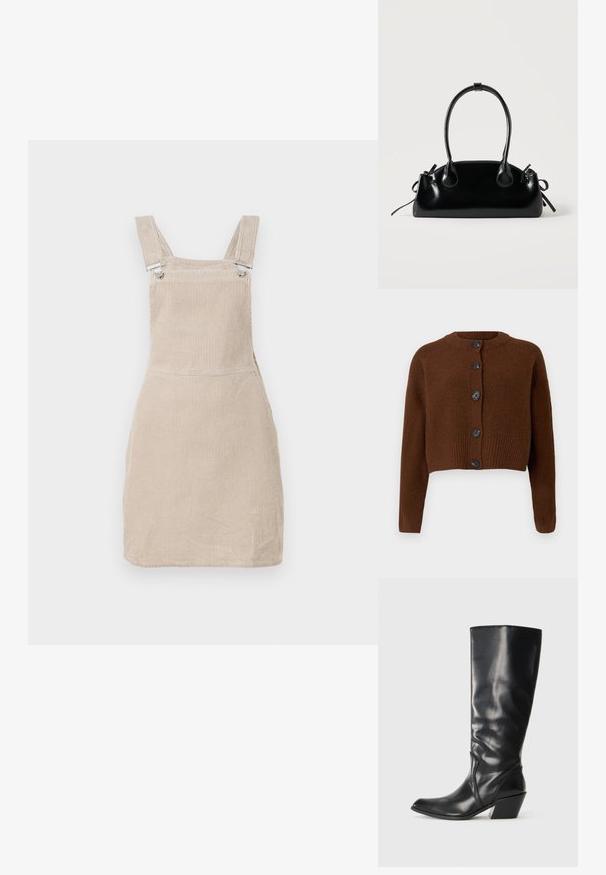 Brun cropped cardigan med ribbet kant, der har seks sorte knapper, en rund halsudskæring og teksturerede ærmer.; Beige corduroy selkærm med justerbare stropper og metalclips, med en lige skæring og strukturerede lodrette linjer.; Sorte læder knæhøje støvler med spids tå, vinklet hæl og glat tekstur. Funktioner en subtil syning langs siden.; Lille sort blank håndtaske med to lange håndtag og snøre-detaljer i siden på en ensfarvet lys baggrund.