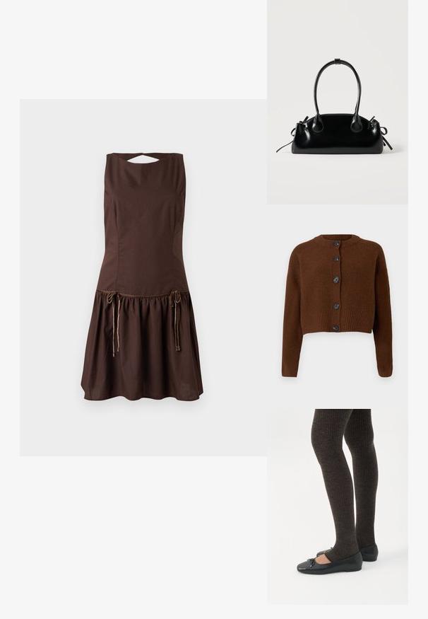 Brun cropped cardigan med ribbet kant, der har seks sorte knapper, en rund halsudskæring og teksturerede ærmer.; Brun ærmeløs kjole med en tætsiddende overdel og udvidet nederdel. Har snøredetaljer i taljen og et åbent rygdesign.; Ben iført mørke ribbede leggings kombineret med sorte balletsko med små sløjfedetaljer på hvid baggrund.; Lille sort blank håndtaske med to lange håndtag og snøre-detaljer i siden på en ensfarvet lys baggrund.