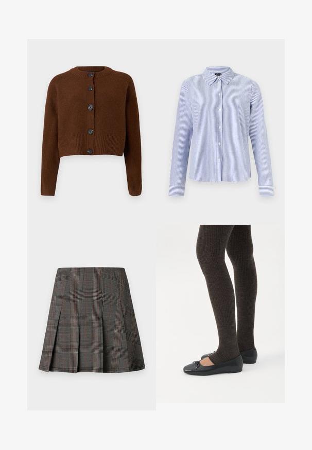 Brun cropped cardigan med ribbet kant, der har seks sorte knapper, en rund halsudskæring og teksturerede ærmer.; Langærmet skjorte med knapper med hvide og lyseblå lodrette striber og en spids krave vist på en ensfarvet baggrund.; Gråternet nederdel med plisseringer, prydet med intrikate mønstre i sort og hvid, akkompagneret af tynde røde linjer. Fremstillet af et struktureret stof.; Ben iført mørke ribbede leggings kombineret med sorte balletsko med små sløjfedetaljer på hvid baggrund.
