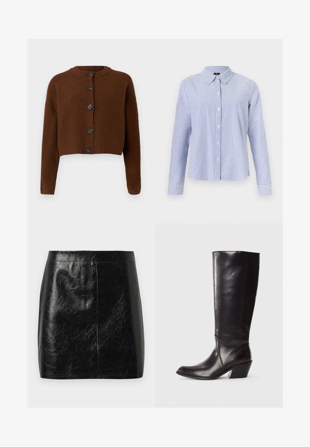 Brun cropped cardigan med ribbet kant, der har seks sorte knapper, en rund halsudskæring og teksturerede ærmer.; Langærmet skjorte med knapper med hvide og lyseblå lodrette striber og en spids krave vist på en ensfarvet baggrund.; Sort fusk læder mini nederdel med en glat, blank tekstur, der har en lige skæring og minimal syning ved taljen.; Knæhøj, mørkebrun læderstøvle med spids tå, vinkelret blokhæl og en glat, blank overflade. Har et enkelt design og syningsdetaljer.