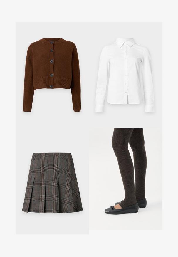 Brun cropped cardigan med ribbet kant, der har seks sorte knapper, en rund halsudskæring og teksturerede ærmer.; Hvid skjorte med lange ærmer, knapper, spids krave, lige kant og tætsiddende silhuet, vist på en ensartet lys baggrund.; Gråternet nederdel med plisseringer, prydet med intrikate mønstre i sort og hvid, akkompagneret af tynde røde linjer. Fremstillet af et struktureret stof.; Ben iført mørke ribbede leggings kombineret med sorte balletsko med små sløjfedetaljer på hvid baggrund.