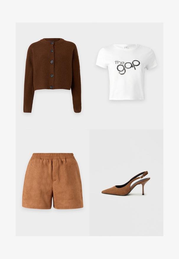 Bruine cropped cardigan met een geribbelde onderrand, voorzien van zes zwarte knopen, een ronde halslijn en textuurmouwen.; Witte cropped t-shirt van katoen met een zwart glinsterend grafisch logo "the gap" op de voorkant. Korte mouwen en ronde hals.; Bruine suede shorts met een elastische tailleband, met een relaxte pasvorm en een zachte textuur. Eenvoudig ontwerp, geschikt voor casual wear.; Bruine suède slingback-hakken met een puntige neus, een dunne naaldhak en een gespsluiting op de riem. Getextureerde afwerking.
