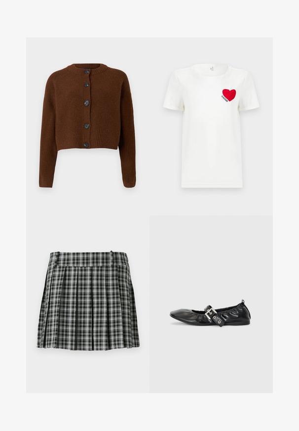 Brun cropped cardigan med ribbet kant, der har seks sorte knapper, en rund halsudskæring og teksturerede ærmer.; Hvid T-shirt med korte ærmer, prydet med et rødt hjerte og ordet "AMOUR" trykt på venstre bryst.; Sort-hvidt ternet plisseret nederdel med en glat talje og flere lodrette folder. Fremstillet af let stof.; Sorte læder flade sko med spids tå, samling detaljer omkring åbningen, og en sølv spænde accent på den justerbare rem.