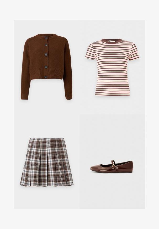 Bruine cropped cardigan met een geribbelde onderrand, voorzien van zes zwarte knopen, een ronde halslijn en textuurmouwen.; Korte mouwen ribgebreid T-shirt met horizontale strepen in roze, bruin en crème, met een bruine ronde halslijn.; Bruine en witte geplooide rok met een gestructureerd ontwerp en een frisse textuur, met een hoge taille en meerdere verticale plooien.; Bruine gepatineerde leren balletschoen met een vierkante neus en een bandje met een kleine gouden gesp. Gladde textuur, lage hak en minimalistisch ontwerp.