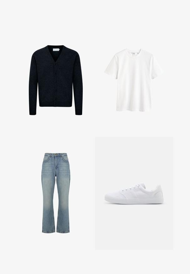 Cardigan en tricot bleu marine avec col en V, fermeture par boutons sur le devant, manches longues et ourlet côtelé. Fabriqué à partir d'un tissu doux et texturé.; T-shirt blanc uni à manches courtes avec un col rond et une petite étiquette de marque à l’intérieur du col.; Jean en denim bleu clair taille haute, coupe droite, fermeture par boutons devant, passants de ceinture et deux poches avant.; Baskets en toile blanches avec une semelle en caoutchouc, dotées de six œillets, d'un embout texturé et d'un design minimaliste.