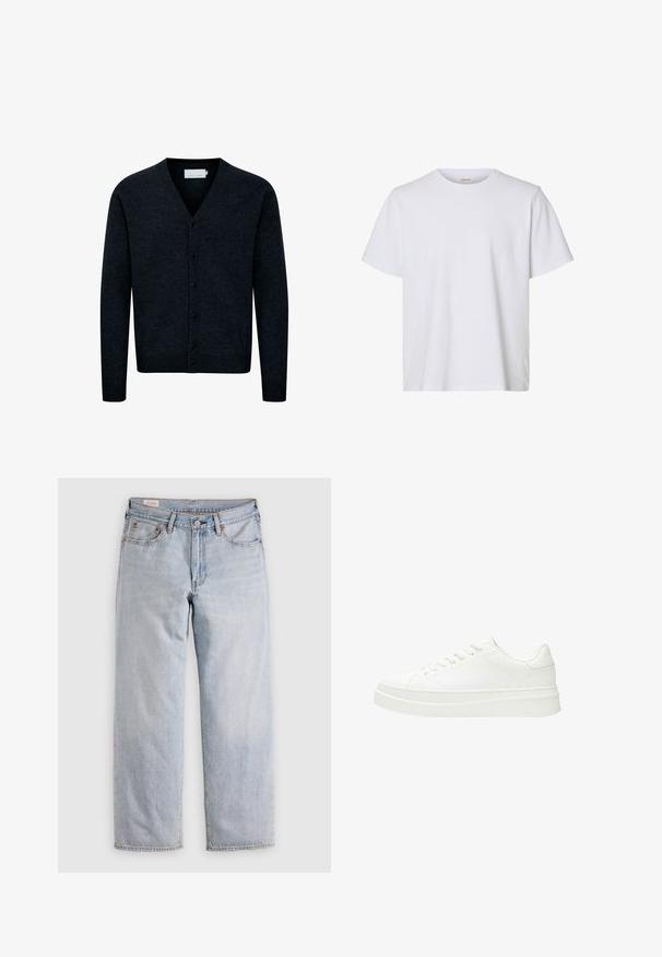 Navyblauwe gebreide cardigan met V-hals, knopen aan de voorkant, lange mouwen en geribbeld gedeelte aan de onderkant. Gemaakt van een zachte, gestructureerde stof.; Effen wit T-shirt met korte mouwen en ronde hals, met een regular fit en een gladde stoftextuur, weergegeven op een witte achtergrond.; Lichtblauwe rechte jeans met een hoge taille, knoopsluiting en voor- en achterzakken, gepresenteerd op een vlakke ondergrond.; Witte sneaker met een glad leren bovenwerk, platte veters en een dikke rubberen zool. Minimalistisch ontwerp met subtiele stiksel en naadloze accenten.