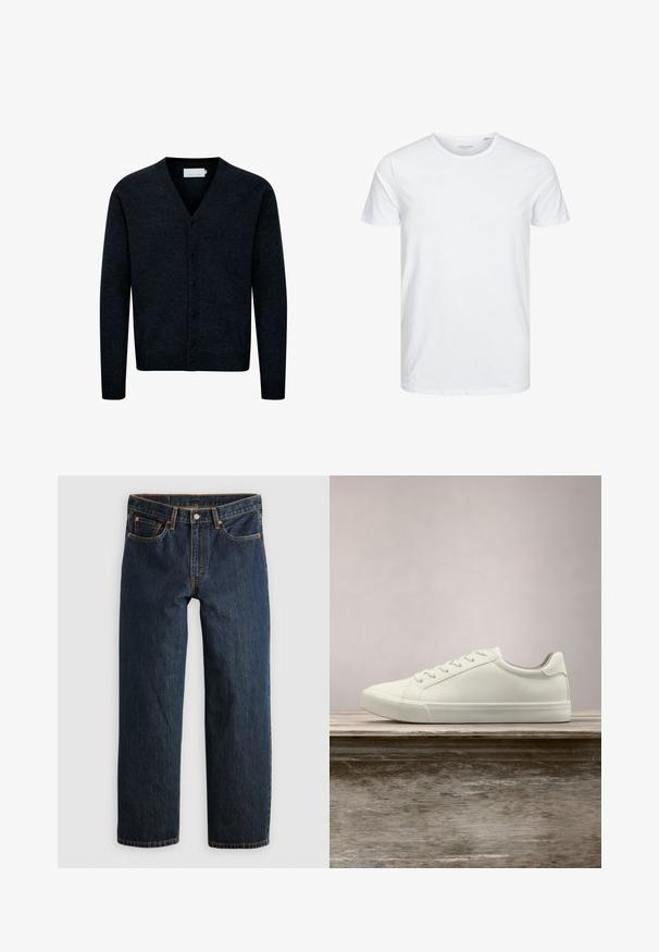 Mørkeblå strikket cardigan med V-hals, knaplukning foran, lange ærmer og ribbet kant. Lavet af et blødt, struktureret stof.; Rundhals kortærmet t-shirt i ensfarvet hvid, lavet af blød bomuld, har et simpelt design uden synlige mønstre eller detaljer.; Mørkeblå denimjeans med en lige ben-snit. Har fem lommer, kontrastsyning og knaplukning i taljen.; Hvide snørresneakers svævende over en træbænk med grønne planter i baggrunden, der fremhæver skodesign og tekstur.