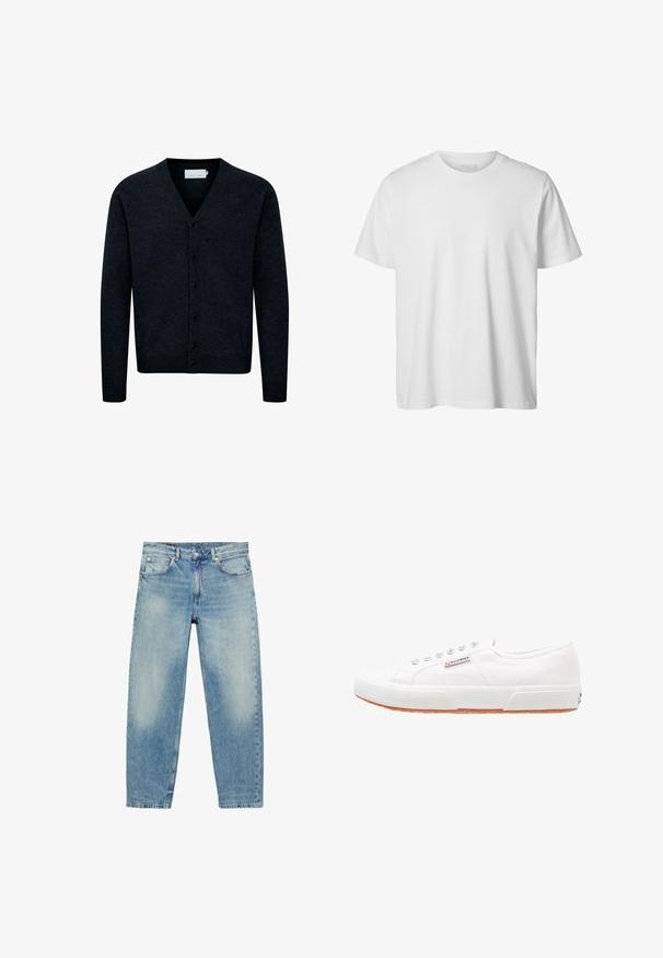 Cardigan en tricot bleu marine avec col en V, fermeture par boutons sur le devant, manches longues et ourlet côtelé. Fabriqué à partir d'un tissu doux et texturé.; T-shirt blanc uni à manches courtes, col rond, coupe décontractée, sans logos ni motifs visibles à l'avant.; Jean droit en denim bleu avec poches avant et passants de ceinture, présentant des détails légèrement décolorés sur les cuisses et les genoux.; Baskets en toile blanches avec une semelle en caoutchouc, design à lacets et une petite étiquette logo sur le côté. Tige blanche texturée et semelle extérieure marron.