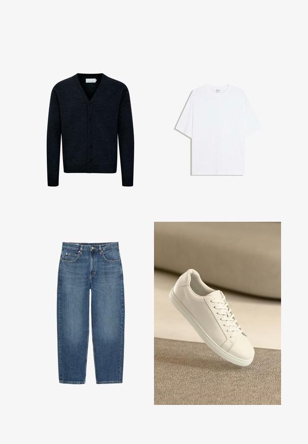 Cardigan en tricot bleu marine avec col en V, fermeture par boutons sur le devant, manches longues et ourlet côtelé. Fabriqué à partir d'un tissu doux et texturé.; T-shirt oversize en coton blanc avec un col rond et des manches courtes ; texture lisse, sans motifs ni accents visibles.; Jean denim bleu à jambes droites avec fermeture avant par bouton et zip, passants de ceinture et cinq poches sur fond blanc.; Baskets en cuir blanc avec des lacets blancs, exposées sur une surface beige texturée et avec un arrière-plan flou doux.