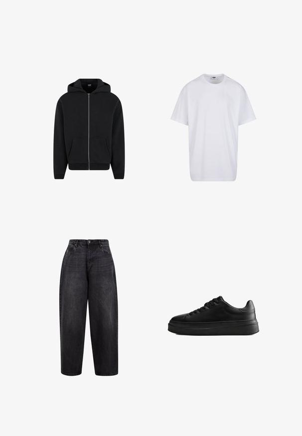 Hoodie zippé noir en tissu doux, avec capuche, poches avant et poignets et ourlet côtelés. Design simple sans motifs.; T-shirt blanc uni en coton à manches courtes avec col rond et étiquette de taille et de marque visible à l'intérieur du col.; Jean en denim noir à taille haute, avec une fermeture à bouton, des poches avant et une texture légèrement délavée pour un look décontracté.; Baskets basses noires à semelle épaisse et lacets à l'avant, en cuir lisse, vues de côté sur fond blanc.
