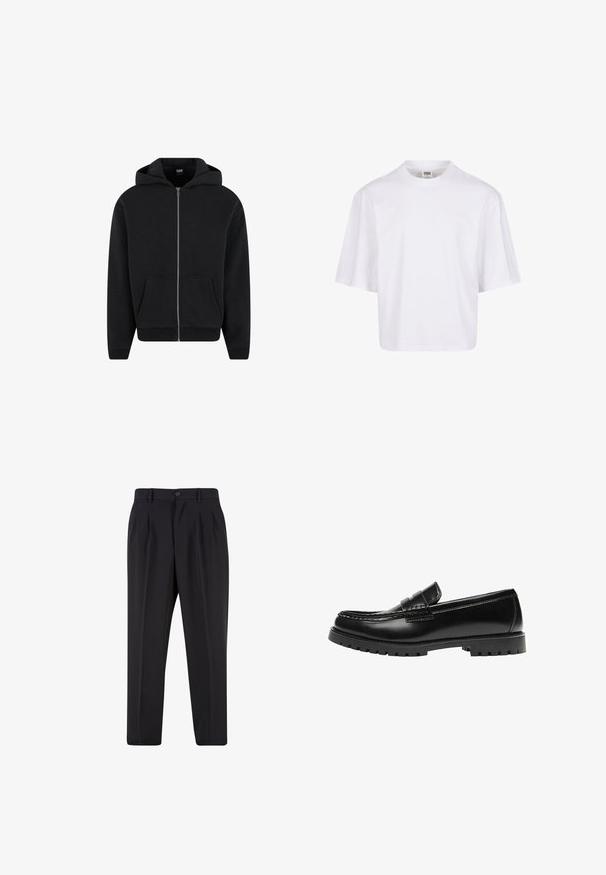 Hoodie zippé noir en tissu doux, avec capuche, poches avant et poignets et ourlet côtelés. Design simple sans motifs.; T-shirt blanc à manches courtes avec un col rond et une coupe décontractée, fabriqué à partir d'un tissu en coton mélangé doux. Aucun motif ni embellissement.; Pantalon noir sur mesure avec plis à l'avant, passants pour ceinture et fermeture par bouton à la taille.; Mocassin en cuir noir avec une semelle en caoutchouc épaisse et un détail classique de bride à monnaie, vu de côté extérieur.