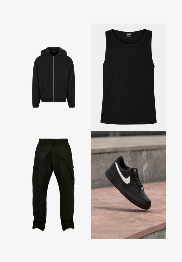 Schwarzer Reißverschluss-Hoodie aus weichem Stoff, mit Kapuze, frontalen Taschen und gerippten Bündchen sowie Saum. Einfaches Design ohne Muster.; Schwarzes Tanktop aus weichem Baumwollstoff. Hat einen runden Halsausschnitt und breite Armausschnitte, ohne sichtbare Muster oder Akzente.; Schwarze Baumwoll-Cargohosen mit entspannter Passform, seitlichen Taschen, Gürtelschlaufen und geraden Beinen. Strukturierter Stoff und verstärkte Nähte.; Schwarzer Nike Air Force 1 Sneaker mit weißem Swoosh-Logo, der über einer Steinformation schwebt, vor einem grauen strukturierten Hintergrund.
