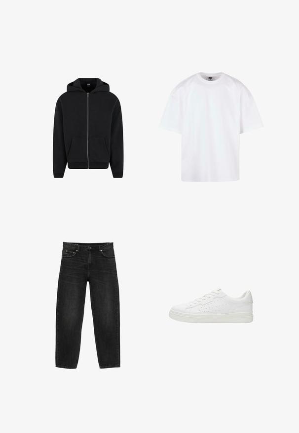 Schwarzer Reißverschluss-Hoodie aus weichem Stoff, mit Kapuze, frontalen Taschen und gerippten Bündchen sowie Saum. Einfaches Design ohne Muster.; Weißes T-Shirt mit kurzen Ärmeln und Rundhalsausschnitt, aus Baumwollmaterial, mit lockerem Schnitt und minimalen Nahtdetails.; Schwarze Denim-Jeans mit geradem Schnitt, Fünf-Taschen-Design, Knopfverschluss und Gürtelschlaufen, flach auf weißem Hintergrund dargestellt.; Weißer Ledersneaker mit glatter Oberfläche, runder Spitze und perforierten seitlichen Akzenten. Ausgestattet mit flachen Schnürsenkeln und einer strapazierfähigen Gummisohle.