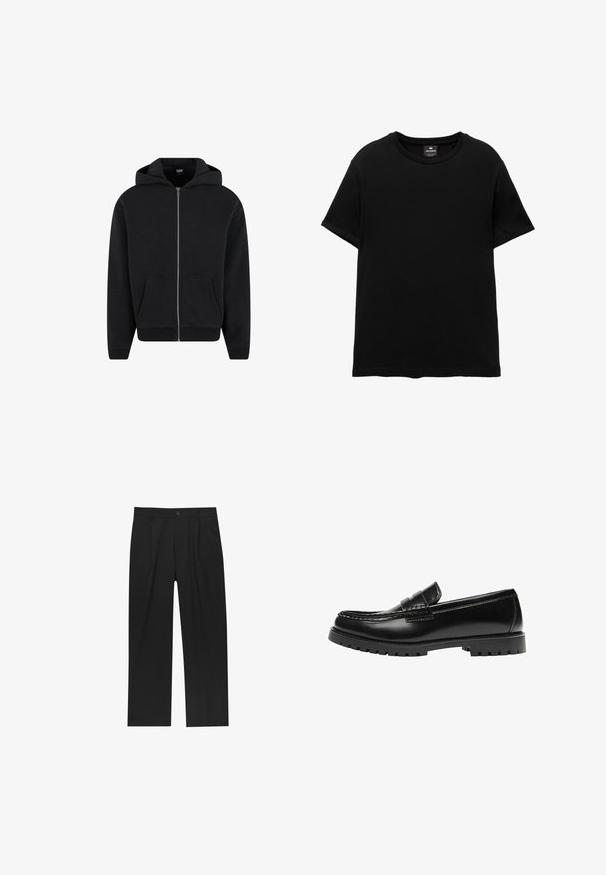 Zwarte rits-hoodie gemaakt van zachte stof, met een capuchon, frontzakken en ribgebreide manchetten en onderrand. Eenvoudig ontwerp zonder patronen.; Zwart T-shirt met korte mouwen en ronde hals, met Pull&Bear-label aan de binnenkant van de kraag, plat gelegd op een witte achtergrond.; Zwarte broeken met een recht model, gemaakt van een gladde stof. Voorzien van een voorplooien en een enkele knoopsluiting bij de taille.; Zwarte leren loafer met een dikke rubberen zool en klassieke penny-strap details, gezien vanaf de buitenkant.