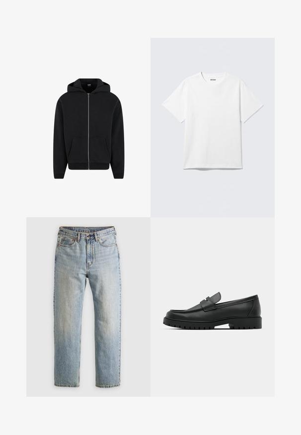 Zwarte rits-hoodie gemaakt van zachte stof, met een capuchon, frontzakken en ribgebreide manchetten en onderrand. Eenvoudig ontwerp zonder patronen.; Witte T-shirt met korte mouwen en ronde hals, plat gelegd, effen ontwerp, met een "WEEKDAY" label in de kraag op een lichte achtergrond.; Lichtblauwe denim jeans met hoge taille, frontknop, rits en vijfzakkenontwerp, plat gelegd op een neutrale achtergrond.; Zwarte leren instappers met een ronde neus, voorzien van een gestikt ontwerp, een lage platformzool en een gestructureerde, grof rubberen buitenzool.