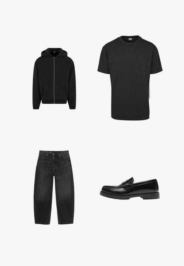 Hoodie zippé noir en tissu doux, avec capuche, poches avant et poignets et ourlet côtelés. Design simple sans motifs.; T-shirt en coton noir à manches courtes, col rond et coupe standard. Le tissu semble lisse et sans décoration.; Jean en denim noir à coupe large, taille mi-haute, fermeture avant par bouton et zip, style cinq poches.; Mocassin en cuir noir avec une semelle en caoutchouc épaisse et un détail classique de bride à monnaie, vu de côté extérieur.