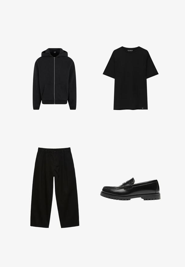 Hoodie zippé noir en tissu doux, avec capuche, poches avant et poignets et ourlet côtelés. Design simple sans motifs.; T-shirt noir à manches courtes en coton, avec un col ras du cou et une petite étiquette de marque en bas à gauche.; Pantalon noir à jambes larges avec bouton sur le devant, passants pour ceinture, poches latérales et coupe décontractée.; Mocassin en cuir noir avec une semelle en caoutchouc épaisse et un détail classique de bride à monnaie, vu de côté extérieur.
