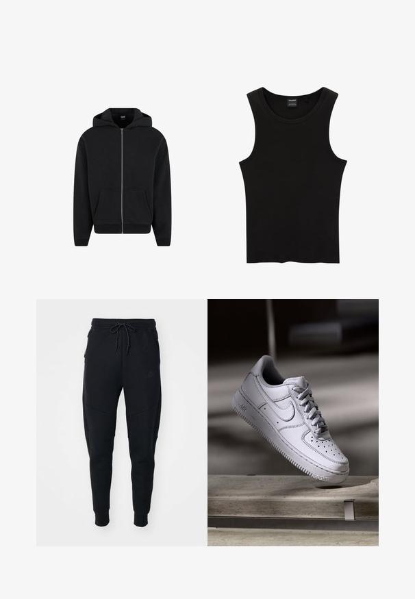Schwarzer Reißverschluss-Hoodie aus weichem Stoff, mit Kapuze, frontalen Taschen und gerippten Bündchen sowie Saum. Einfaches Design ohne Muster.; Schwarzes, geripptes Tanktop mit rundem Halsausschnitt und weiten Armausschnitten, aus einem weichen, dehnbaren Stoff. Marke: Pull&Bear.; Schwarze Jogginghosen aus weichem Stoff, mit einem Kordelzugbund, schmalem Bein und seitlichen Taschen mit einem eleganten Design.; Weißer Nike Air Force 1 Sneaker aus Leder mit perforierter Zehenpartie, flachen Schnürsenkeln und strukturierter Gummisohle mit "AIR"-Branding an der Seite.