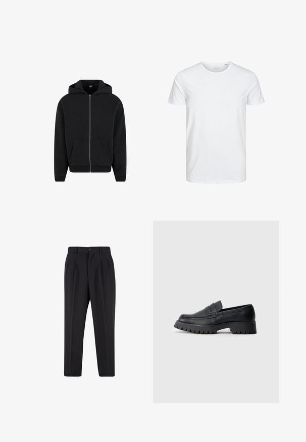 Schwarzer Reißverschluss-Hoodie aus weichem Stoff, mit Kapuze, frontalen Taschen und gerippten Bündchen sowie Saum. Einfaches Design ohne Muster.; Rundhals-T-Shirt mit kurzen Ärmeln in reinem Weiß, aus weicher Baumwolle, mit einem schlichten Design ohne sichtbare Muster oder Akzente.; Schwarze, maßgeschneiderte Hose mit vorderen Bundfalten, Gürtelschlaufen und Knopfverschluss an der Taille.; Schwarze Leder-Loafer mit abgerundeter Schuhspitze, ausgestattet mit einem dekorativen Riemen und einer robusten Gummisohle mit tiefem Profil für besseren Halt.